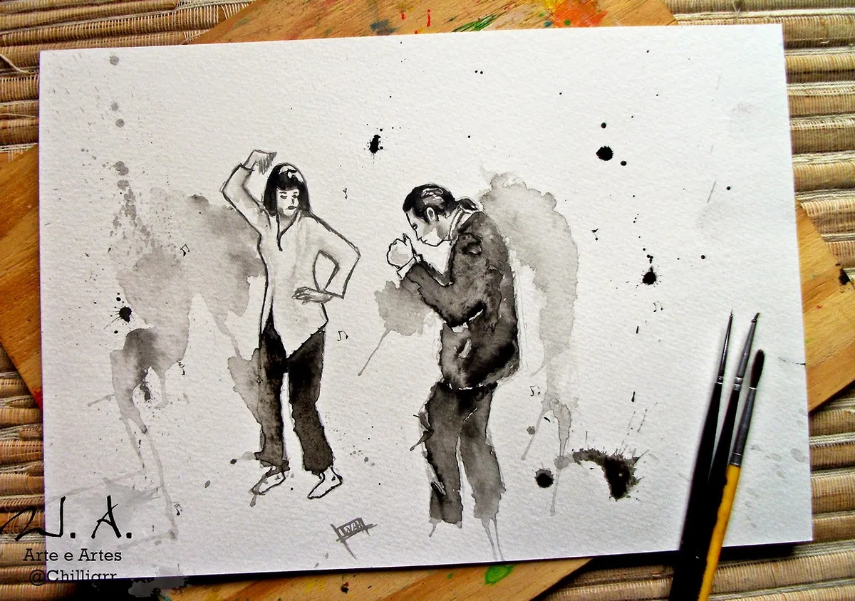 mia wallace, vincent vega, pulp fiction, quentin tarantino, pulp fiction art, minimalist, pulp fiction minimalist, pulp fiction painting, watercolor, watercolor art, painting watercolor, watercolor painting pulp fiction