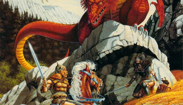Fragmento de ilustração de dragão enfrentando guerreiro por Larry Elmore