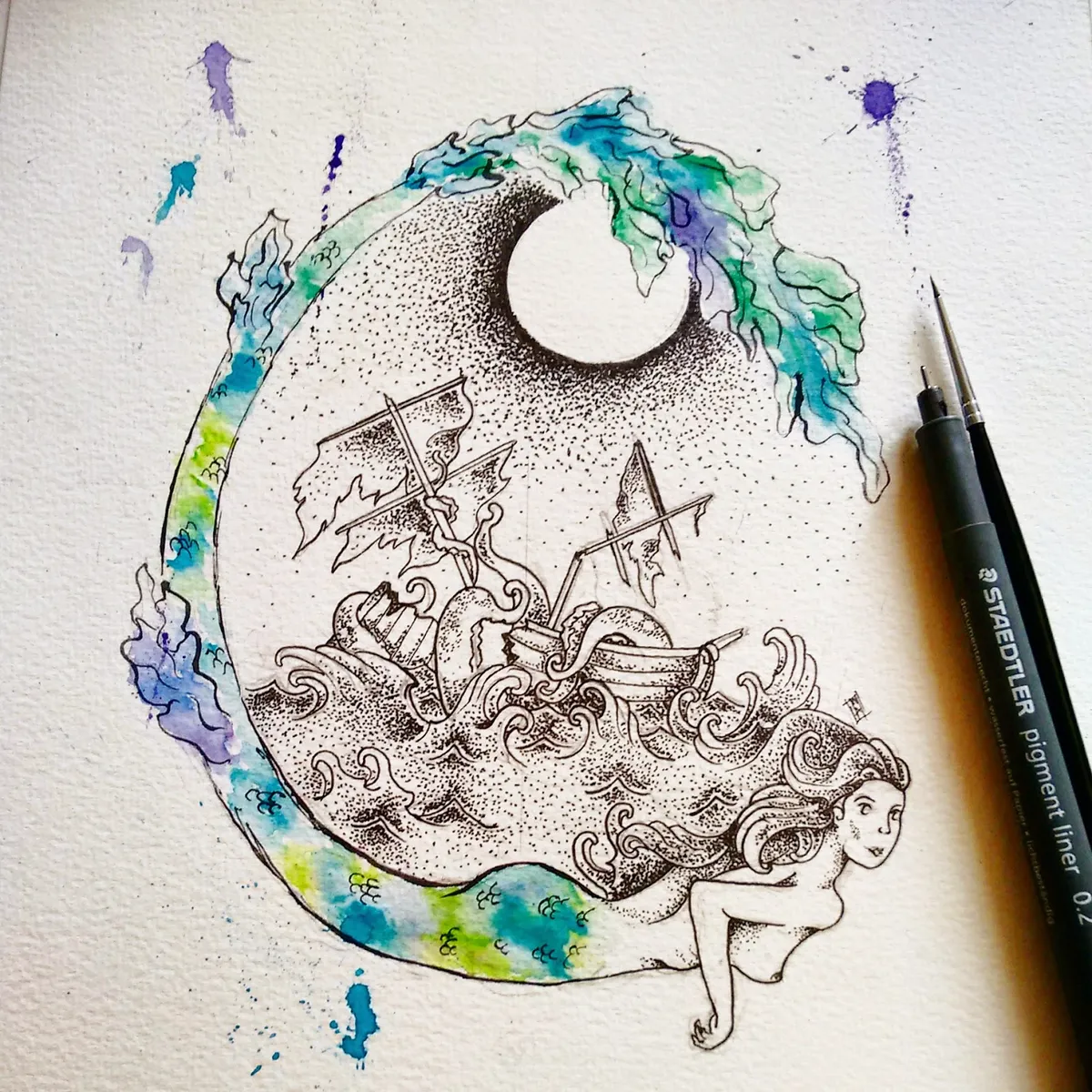 desenho dotwork, desenho de sereia, tattoo design, watercolor, watercolor tattoo, watercolour, watercolor art, old school tattoo, tatuador aquarela, tattoo, aquarela, pontilhismo, como fazer pontilhismo, onde tatuar aquarela, como tatuar aquarela, como pintar com aquarela, como fazer dotwork, dotwork design