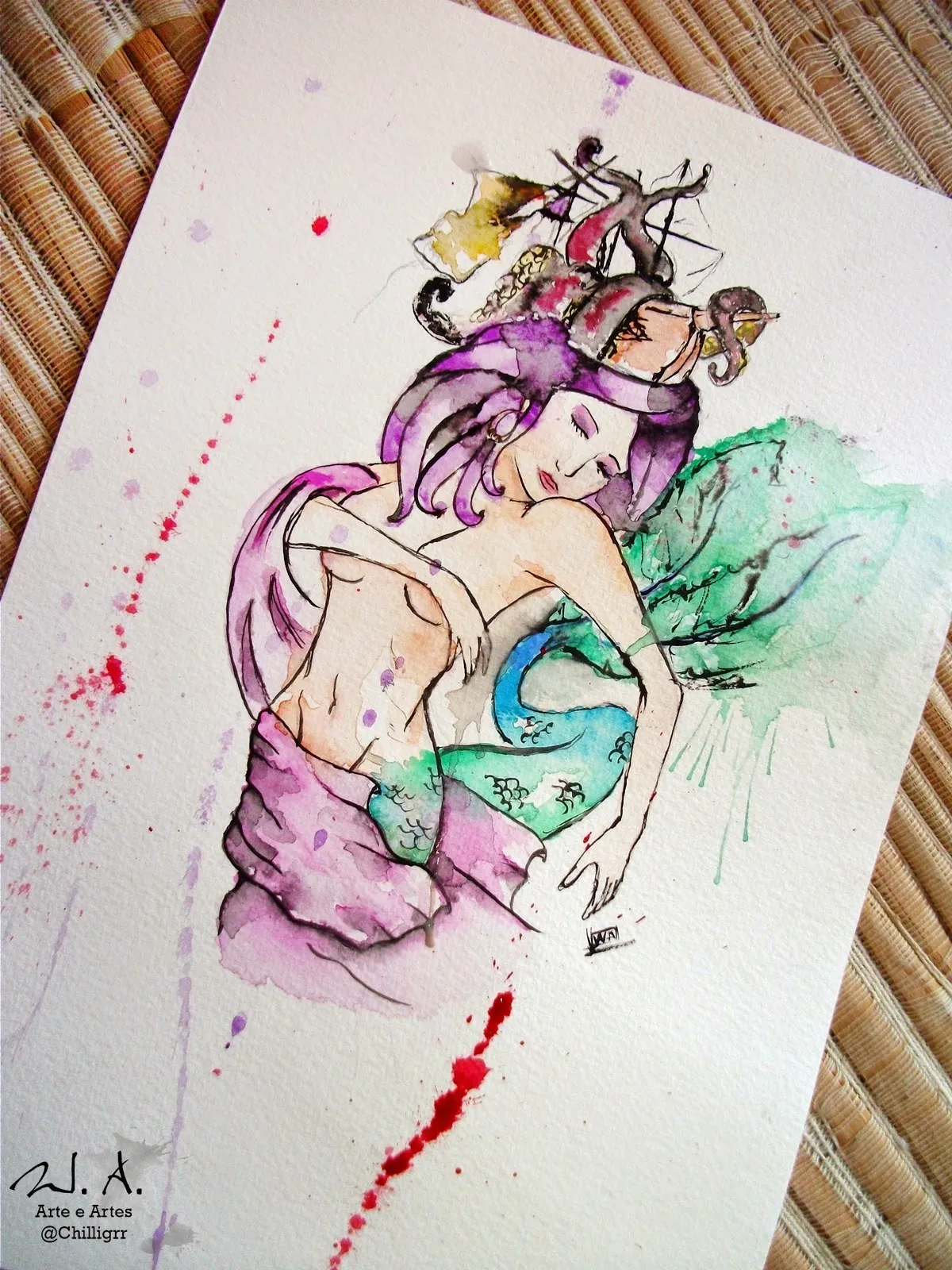 mermaid painting, watercolor, watercolor painting, watercolor tattoo, painting, arte, art, pintura, aquarela, pintura com aquarela, w.albuquerque, chilligrr