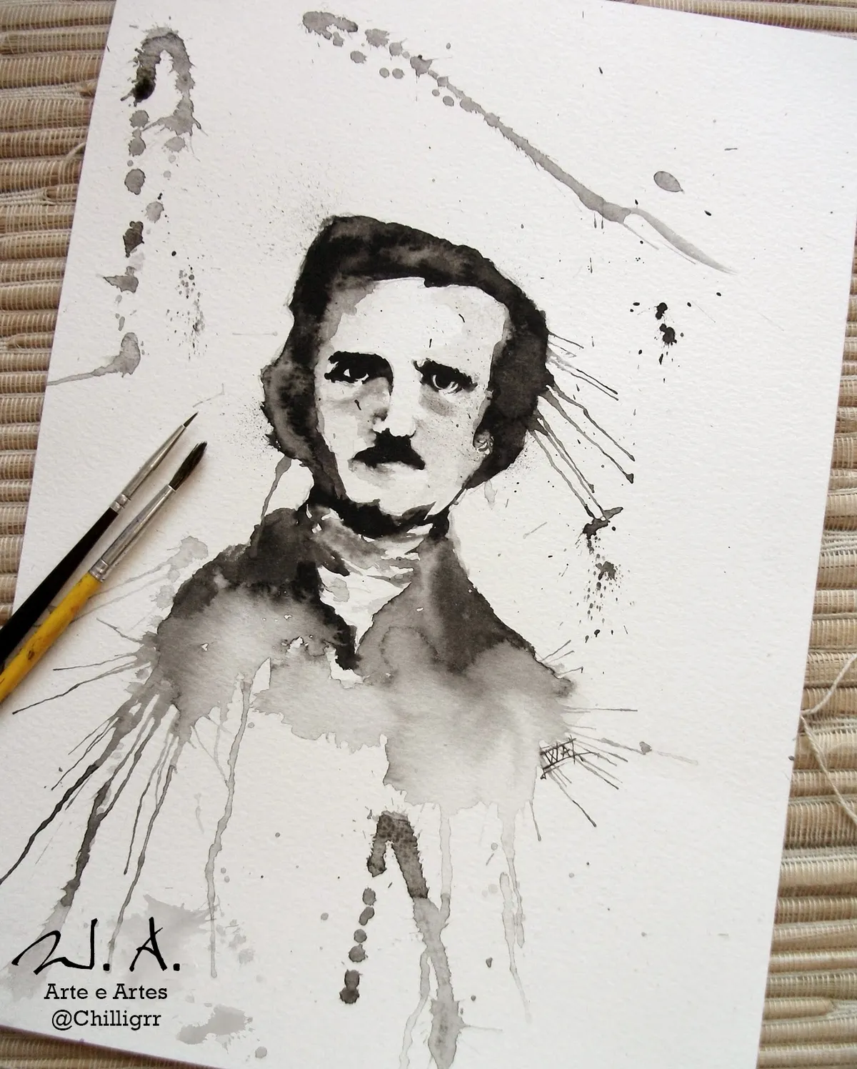 edgar allan poe, edgar allan poe painting, watercolor, watercolor painting, watercolor tattoo, painting, arte, art, pintura, aquarela, pintura com aquarela, w.albuquerque, chilligrr